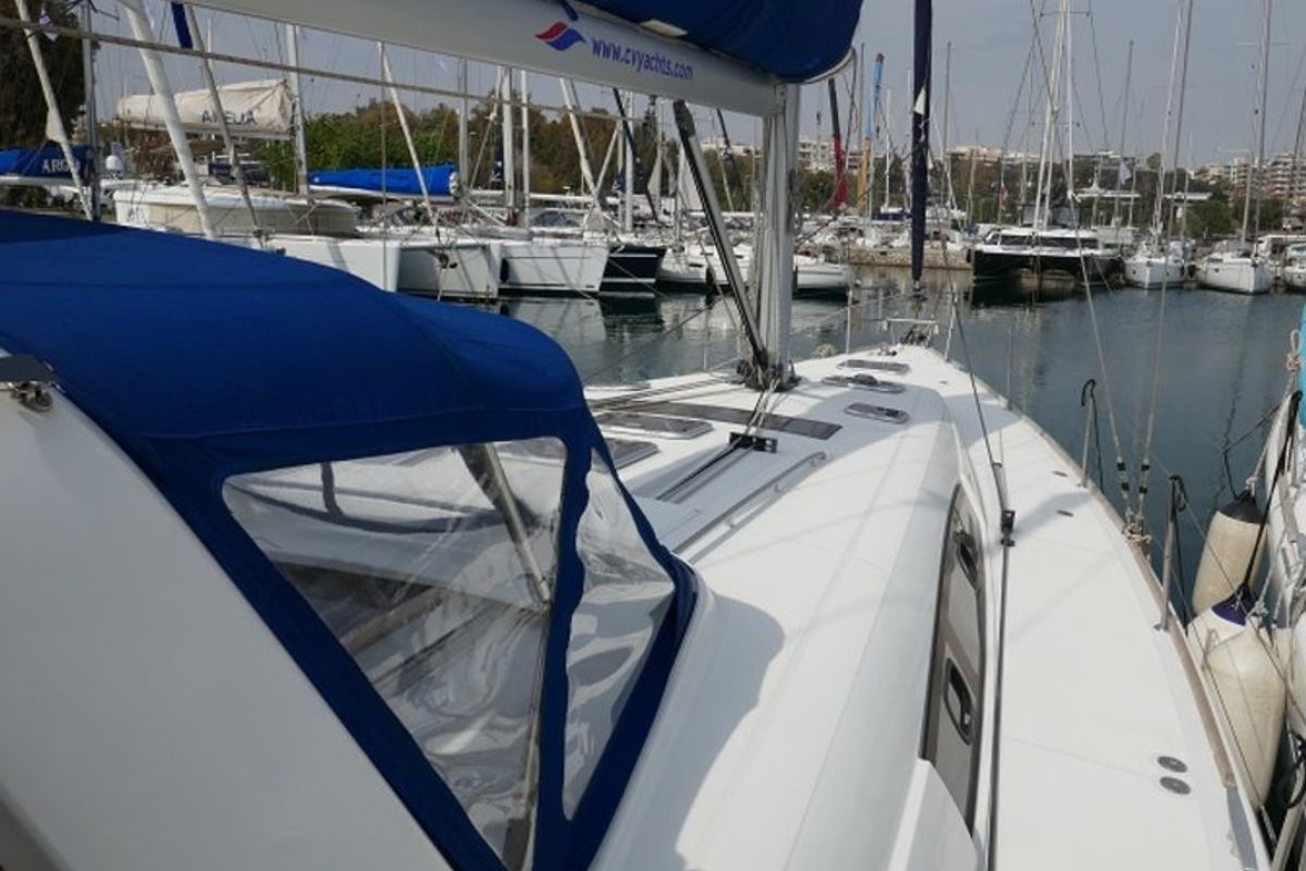 Deck of Promise, a Beneteau Oceanis 50 sailboat at Lavreotiki Municipal Unit, Greece