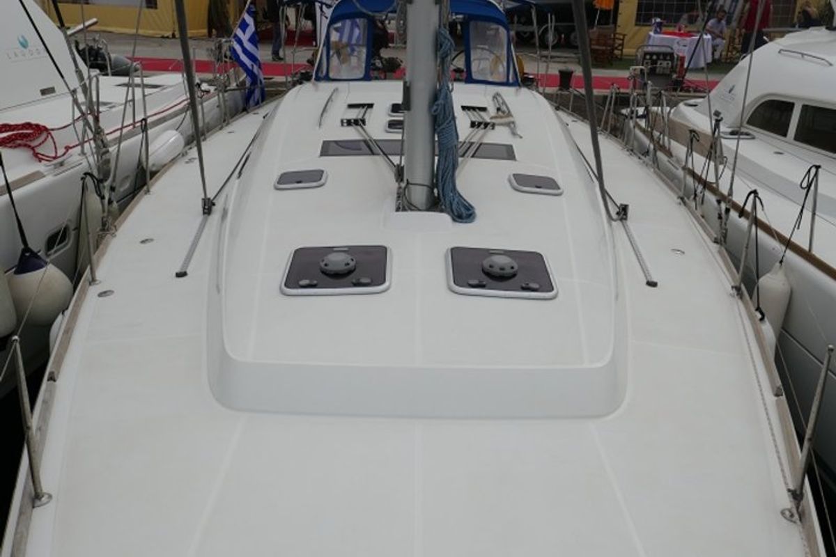 Deck of Promise, a Beneteau Oceanis 50 sailboat at Lavreotiki Municipal Unit, Greece