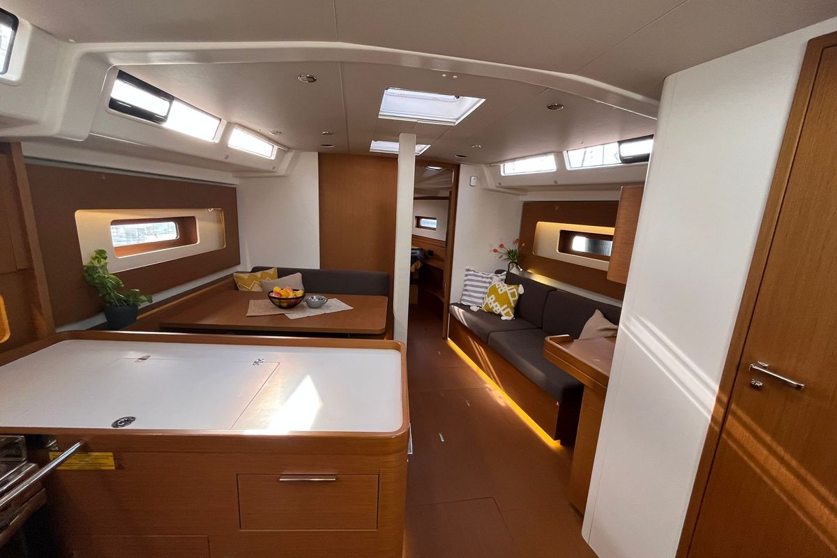 Salon of CHECKMATE, a Beneteau First 44 sailboat at Split, Croatia