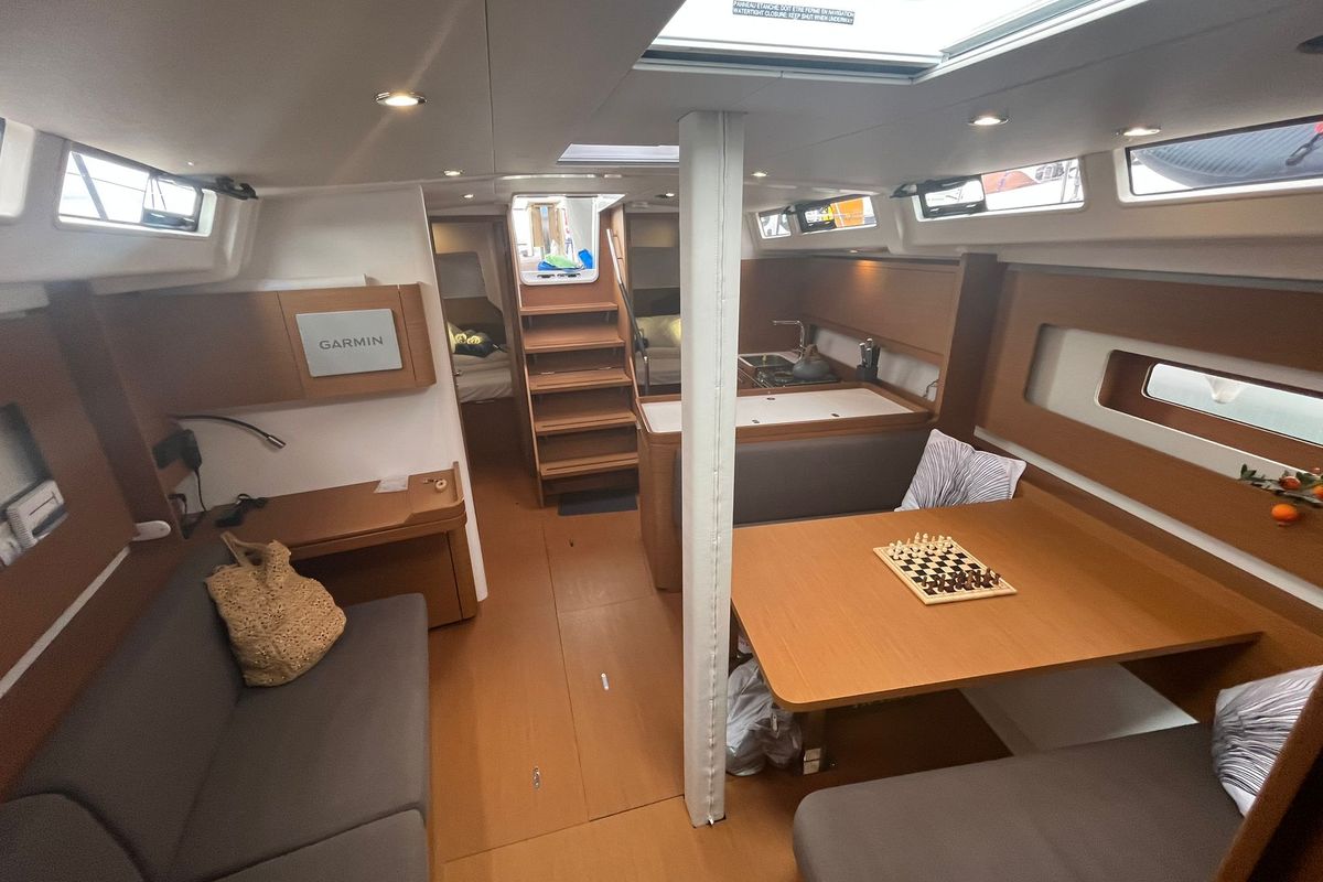 Salon of CHECKMATE, a Beneteau First 44 sailboat at Split, Croatia