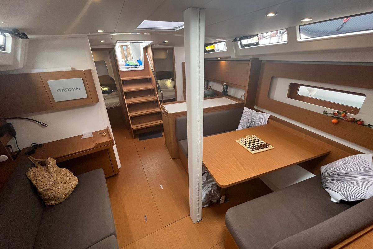 Salon of CHECKMATE, a Beneteau First 44 sailboat at Split, Croatia