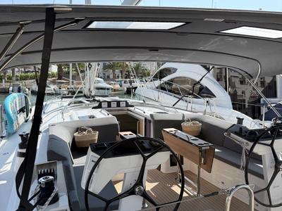 Cockpit of Ostwind III, a Bavaria C46 sailboat at Cala Egos, Spain