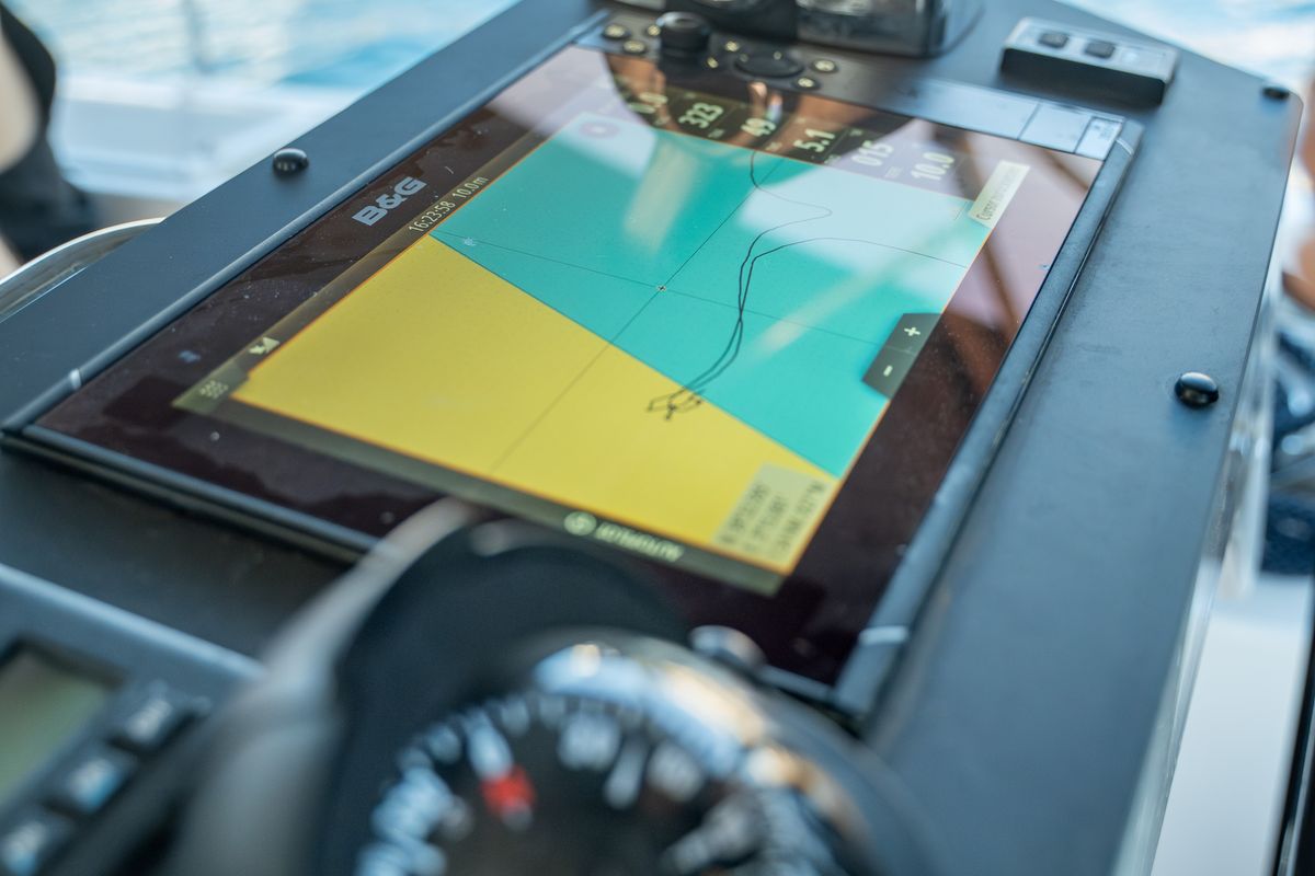 Cockpit of Ostwind III, a Bavaria C46 sailboat at Cala Egos, Spain