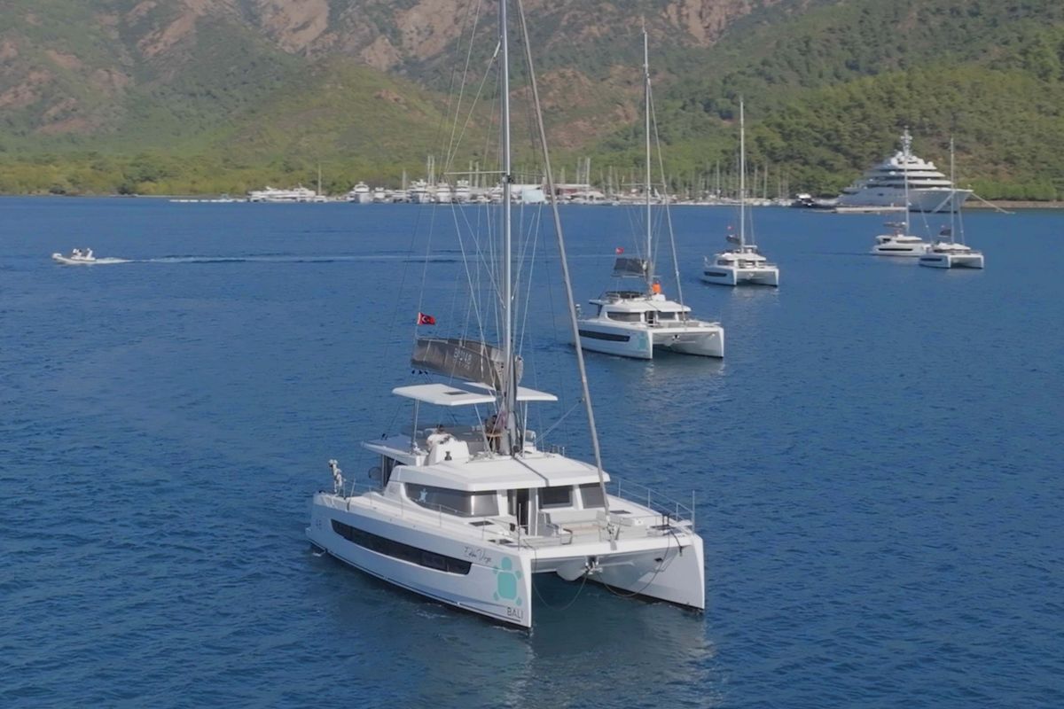 Exterior view of Virgo, a Bali 4.8 catamaran at Marmaris, Turkey