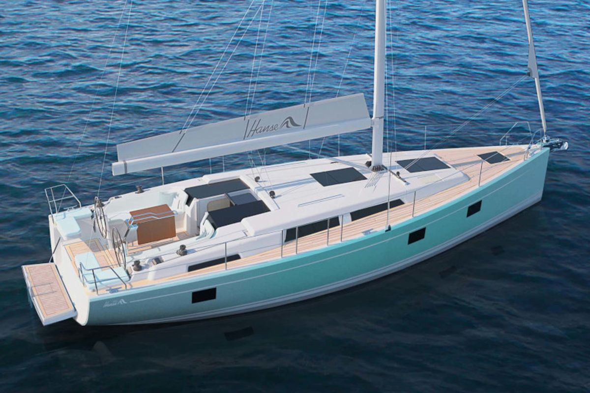 Exterior view of Themisto, a Hanse Yachts Hanse 418 sailboat at Lavreotiki Municipal Unit, Greece