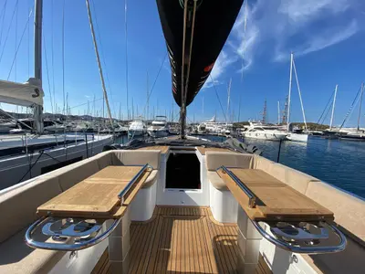 Deck of Ikigai, a Beneteau First 53 sailboat at Lavreotiki Municipal Unit, Greece