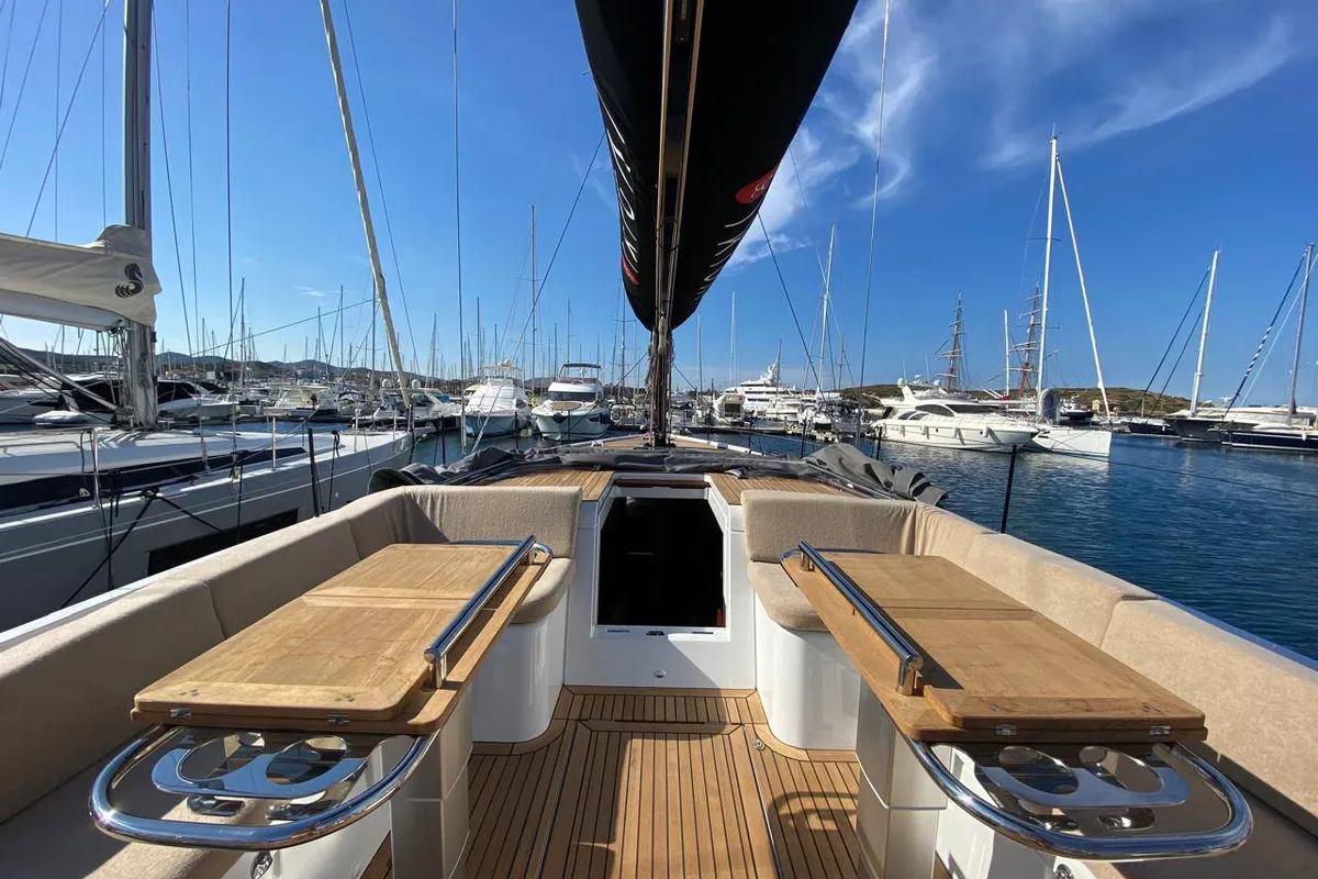 Deck of Ikigai, a Beneteau First 53 sailboat at Lavreotiki Municipal Unit, Greece