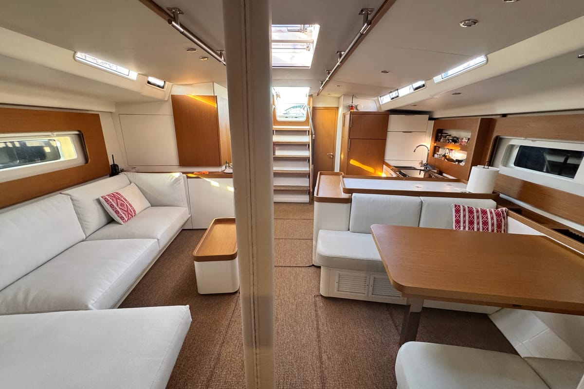 Salon of Ikigai, a Beneteau First 53 sailboat at Lavreotiki Municipal Unit, Greece