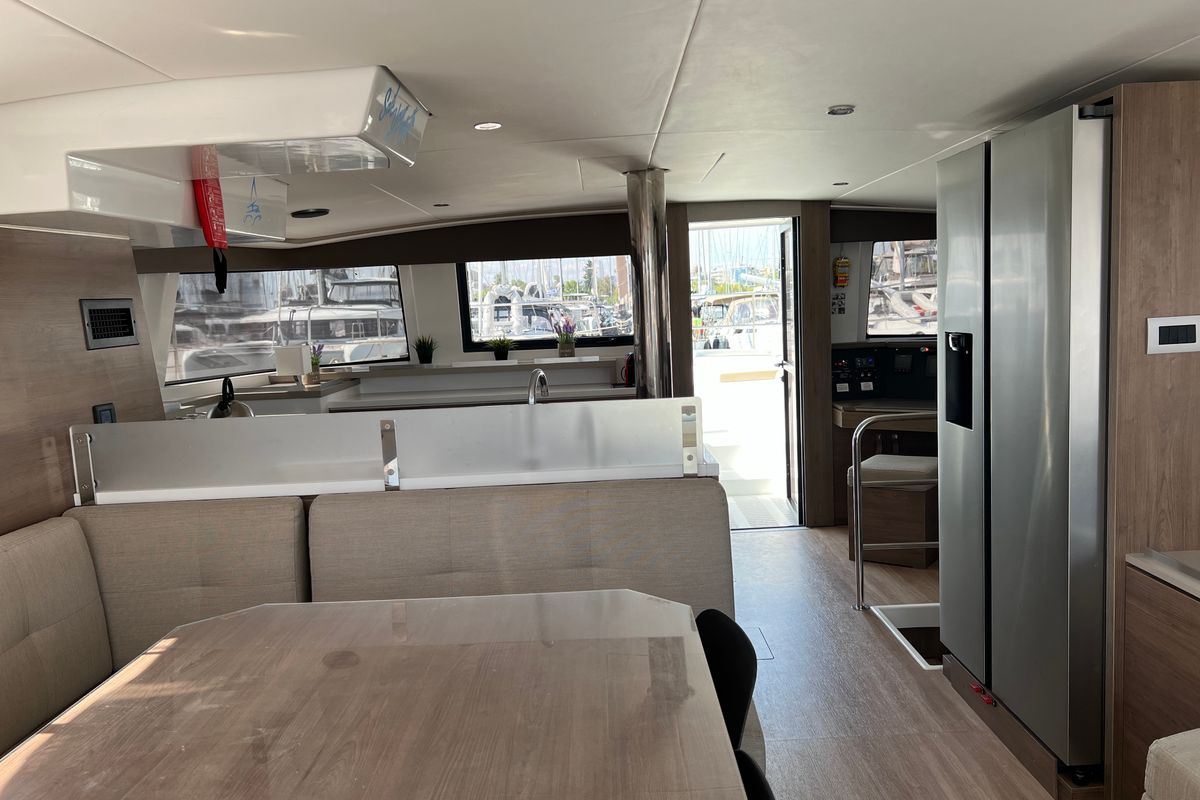 Salon of Chillout, a Bali 4.6 catamaran at Athens, Greece