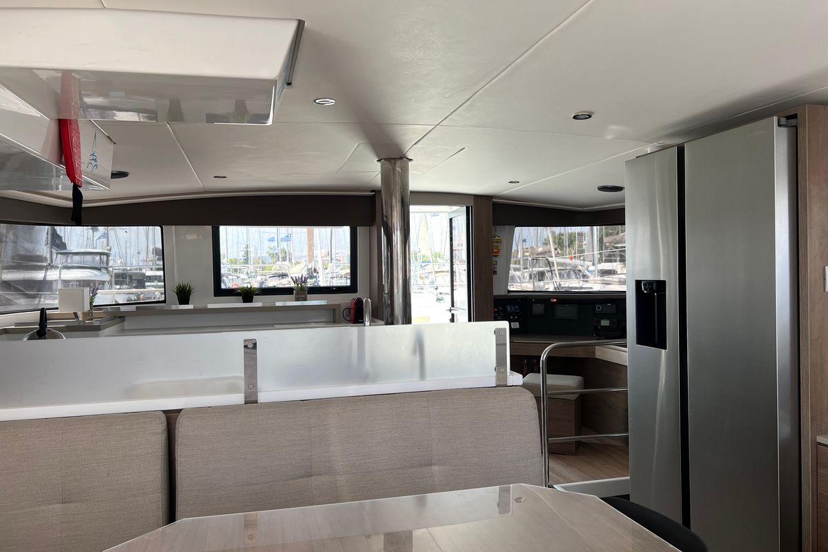 Salon of Chillout, a Bali 4.6 catamaran at Athens, Greece