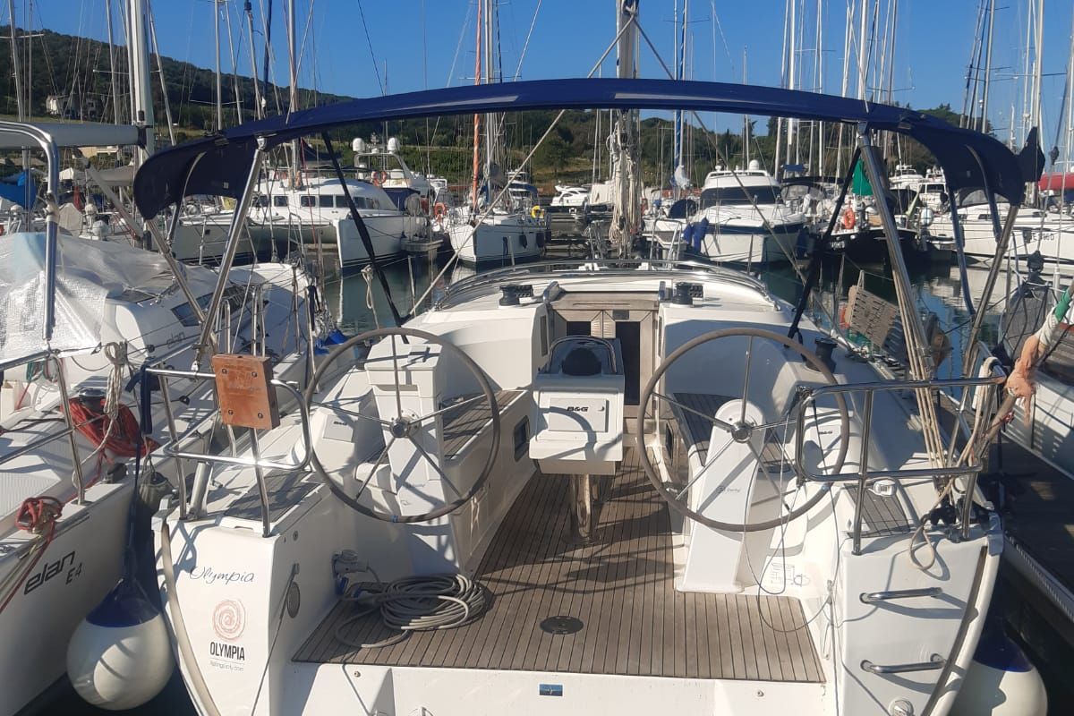 Cockpit of Olympia, a Bavaria Cruiser 34 sailboat at Puntone di Scarlino, Italy