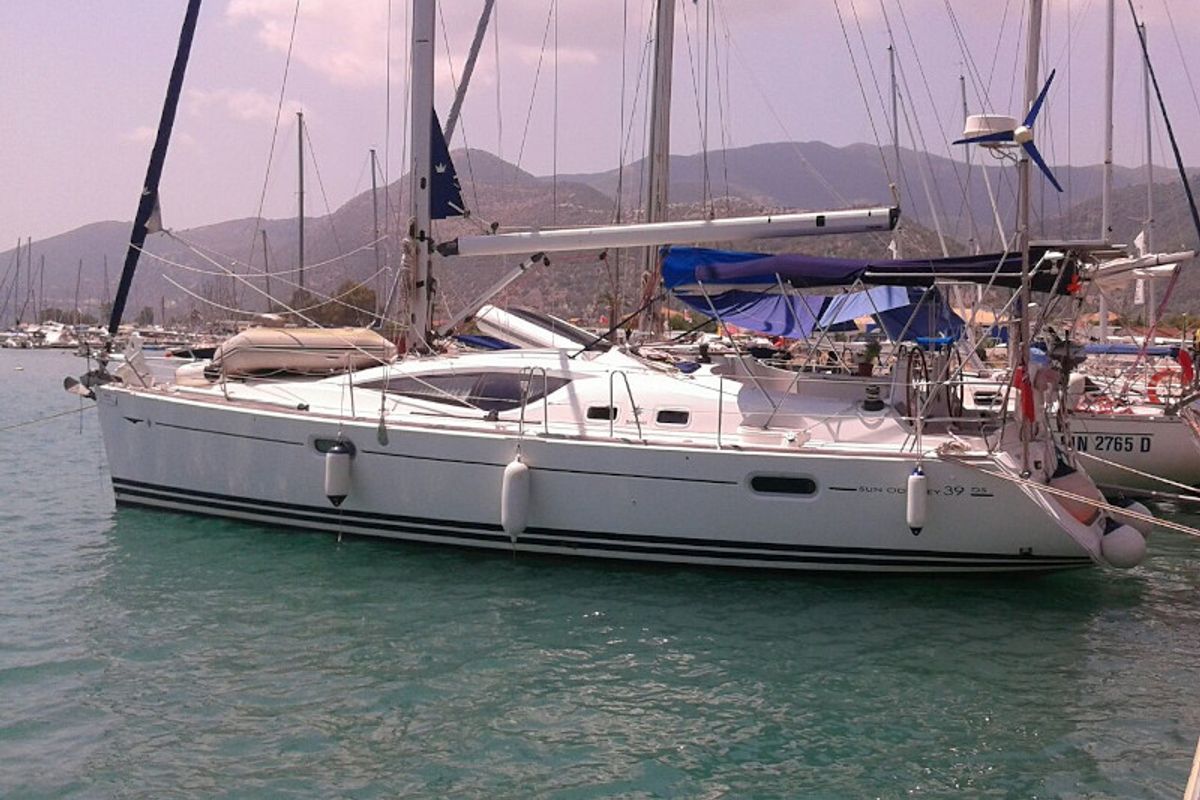 Exterior view of Afroditi, a Jeanneau Sun Odyssey 39 DS sailboat at Municipal Unit of Palairos, Greece