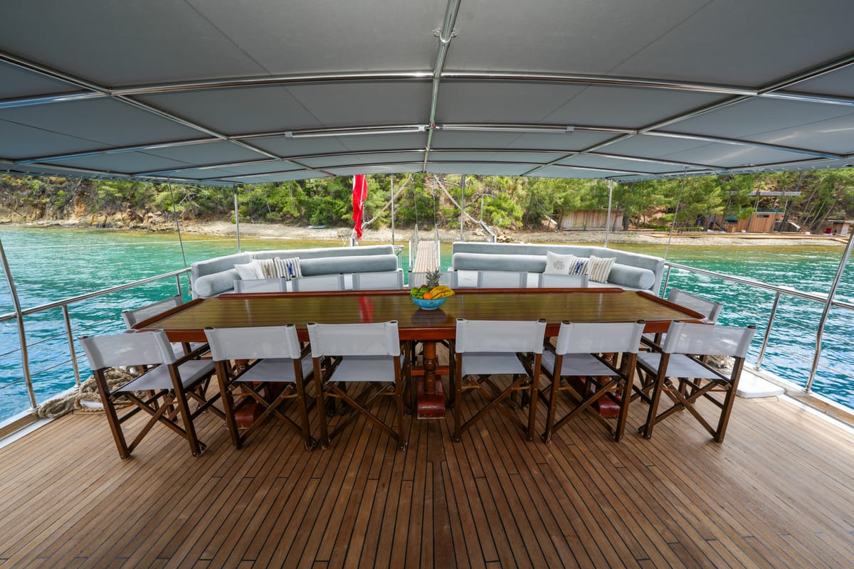 Deck of Tar Su, a Gulet Gulet gulet at Fethiye, Turkey