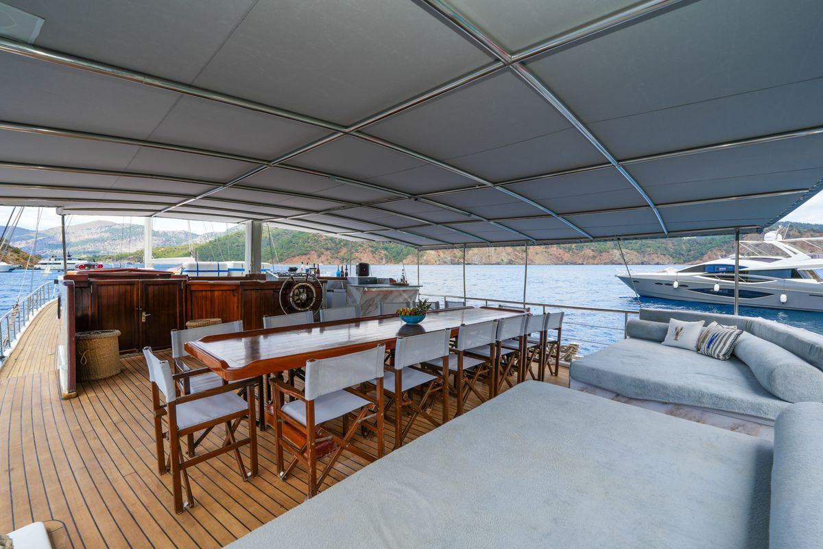Deck of Tar Su, a Gulet Gulet gulet at Fethiye, Turkey