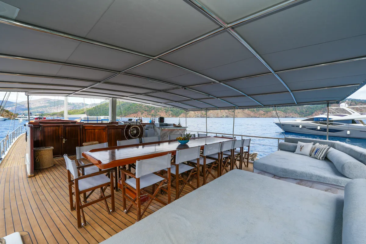 Deck of Tar Su, a Gulet Gulet gulet at Fethiye, Turkey