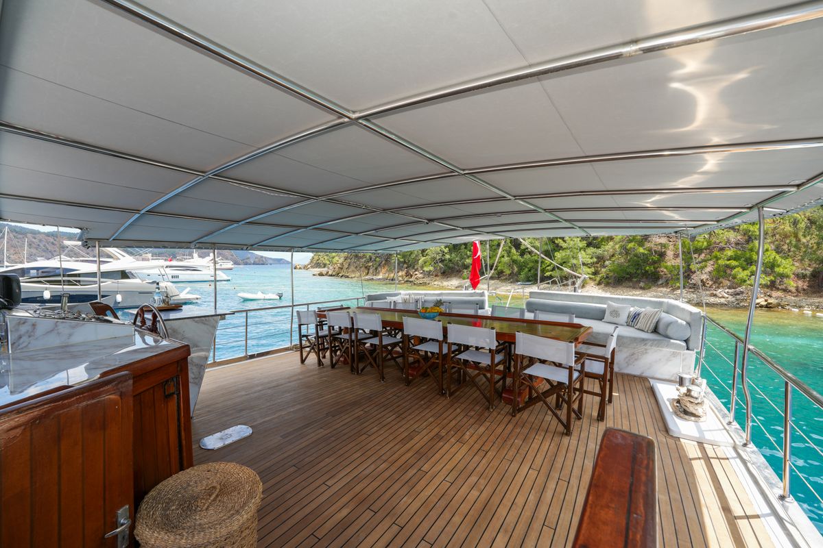 Deck of Tar Su, a Gulet Gulet gulet at Fethiye, Turkey