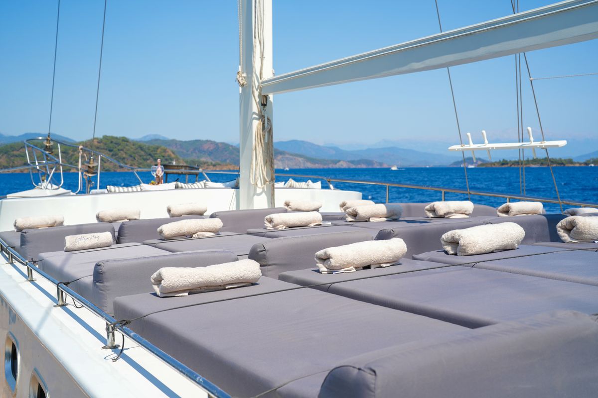 Deck of Tar Su, a Gulet Gulet gulet at Fethiye, Turkey