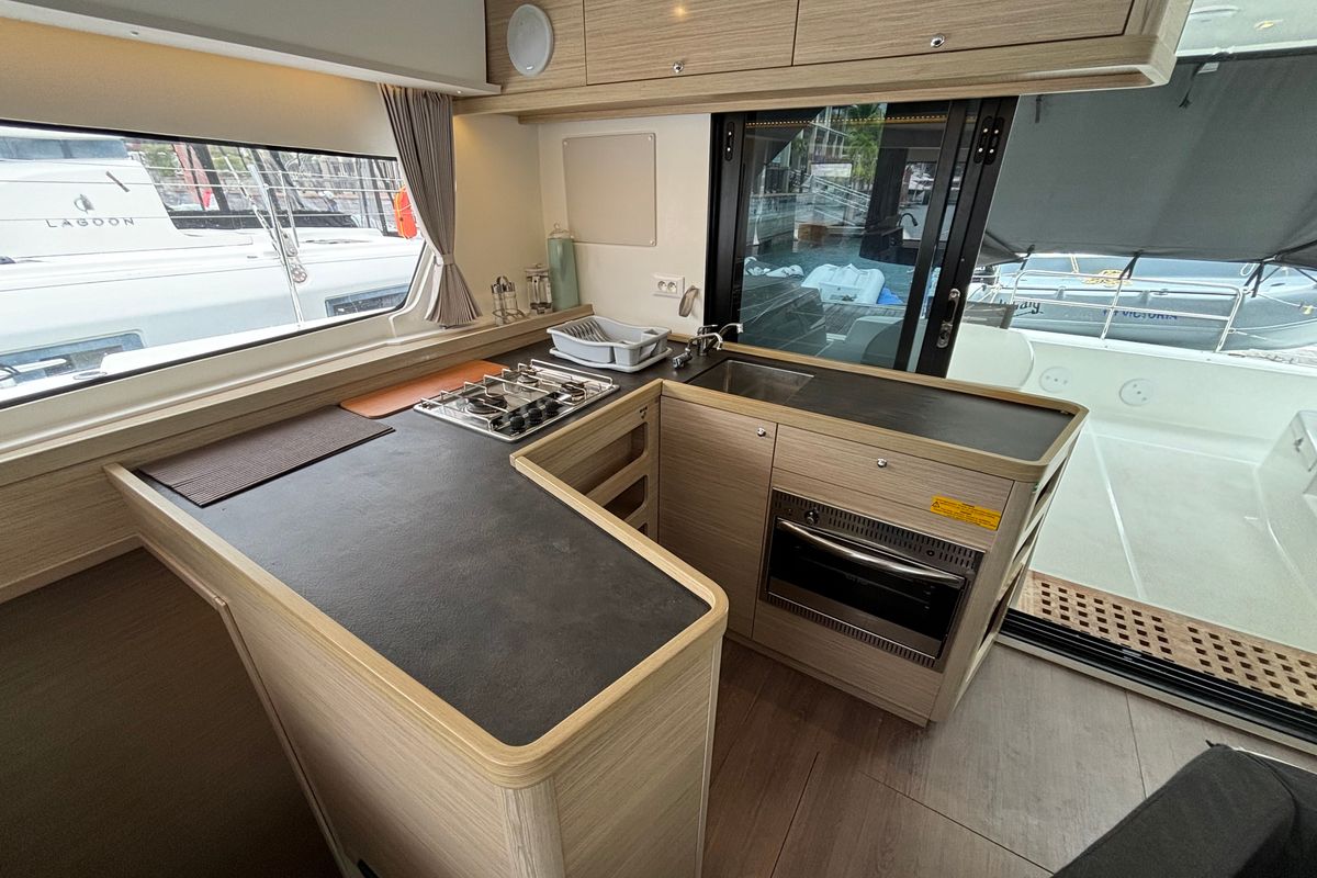 Galley of Victoria, a Lagoon 42 catamaran at Eden Island Marina, Seychelles