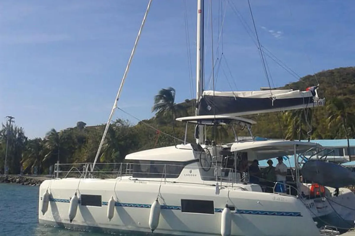 Exterior view of Victoria, a Lagoon 42 catamaran at Eden Island Marina, Seychelles
