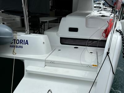Deck of Victoria, a Lagoon 42 catamaran at Eden Island Marina, Seychelles
