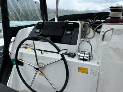 Cockpit of Victoria, a Lagoon 42 catamaran at Eden Island Marina, Seychelles
