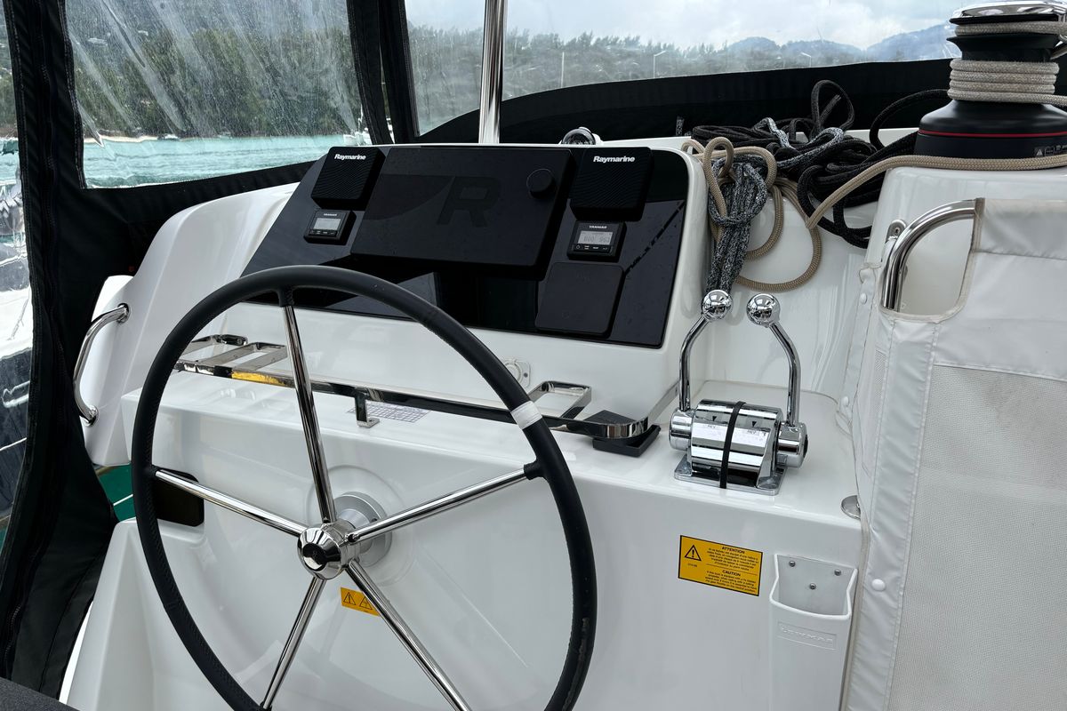Cockpit of Victoria, a Lagoon 42 catamaran at Eden Island Marina, Seychelles