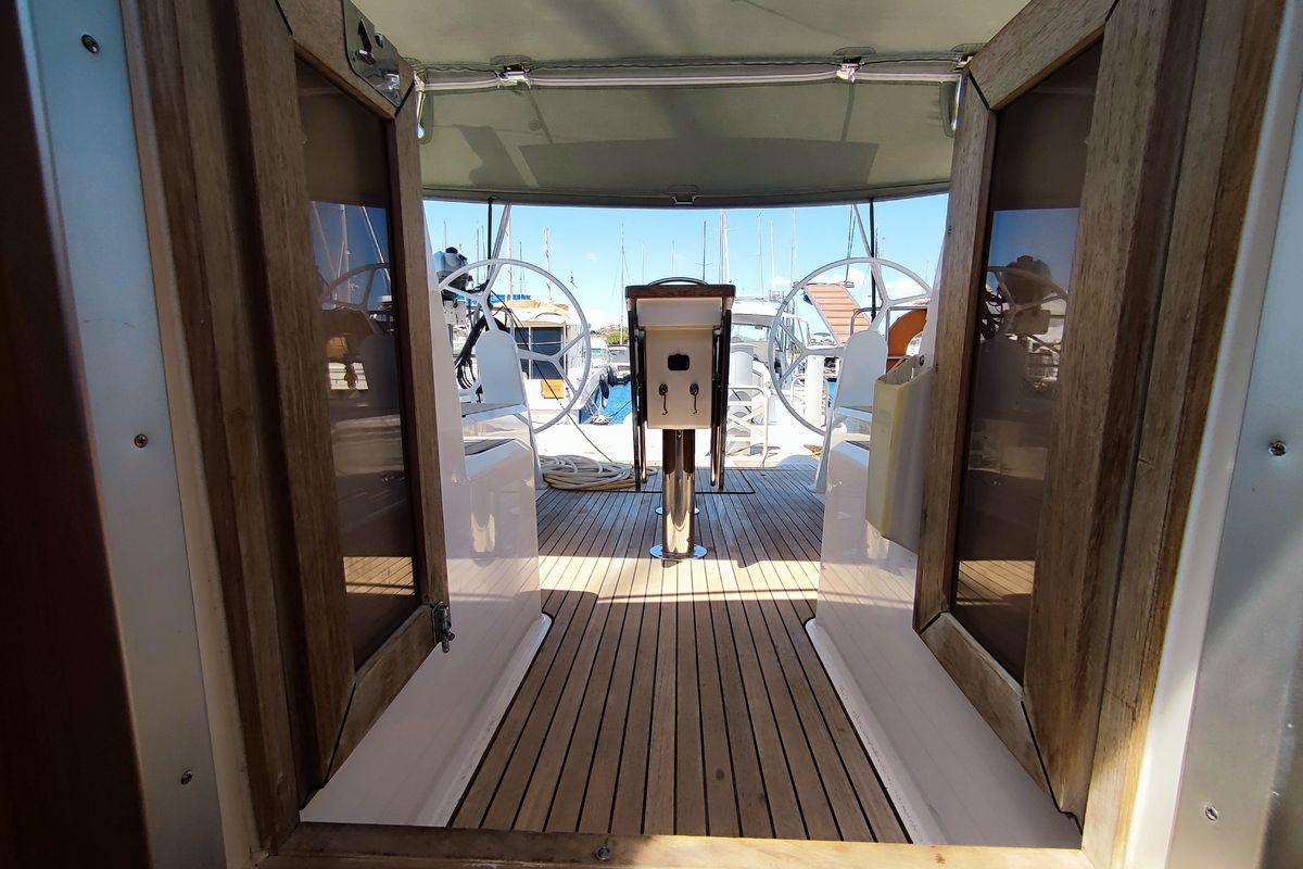 Cockpit of Charm, a Bavaria Cruiser 46 sailboat at Lavreotiki Municipal Unit, Greece