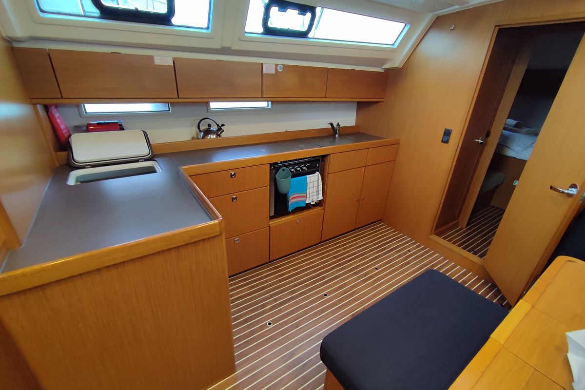 Galley of Charm, a Bavaria Cruiser 46 sailboat at Lavreotiki Municipal Unit, Greece