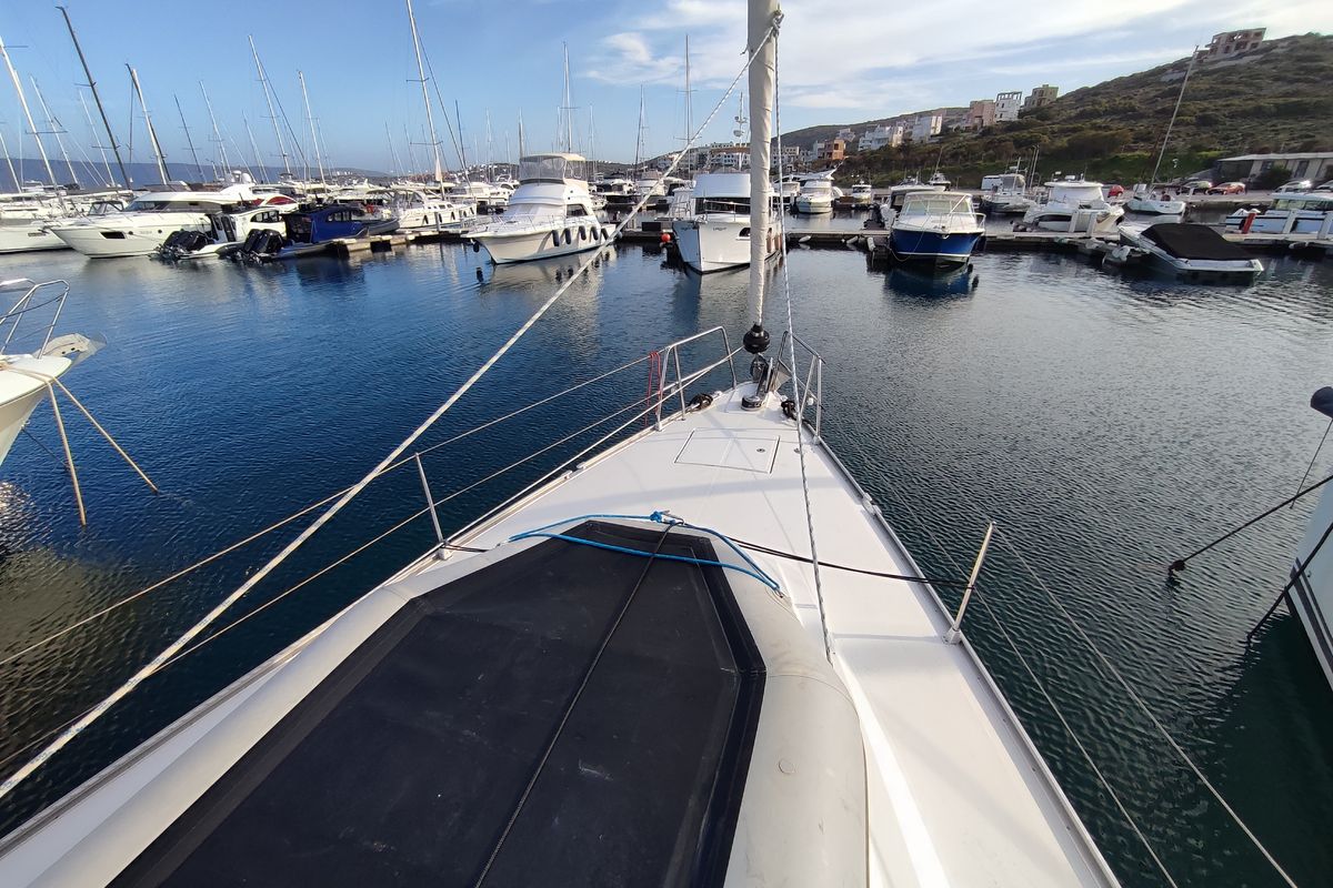 Deck of Charm, a Bavaria Cruiser 46 sailboat at Lavreotiki Municipal Unit, Greece