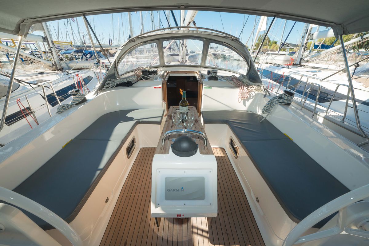 Cockpit of Charm, a Bavaria Cruiser 46 sailboat at Lavreotiki Municipal Unit, Greece