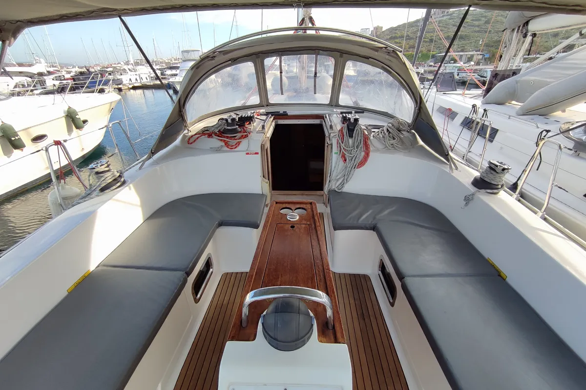 Deck of Charm, a Bavaria Cruiser 46 sailboat at Lavreotiki Municipal Unit, Greece