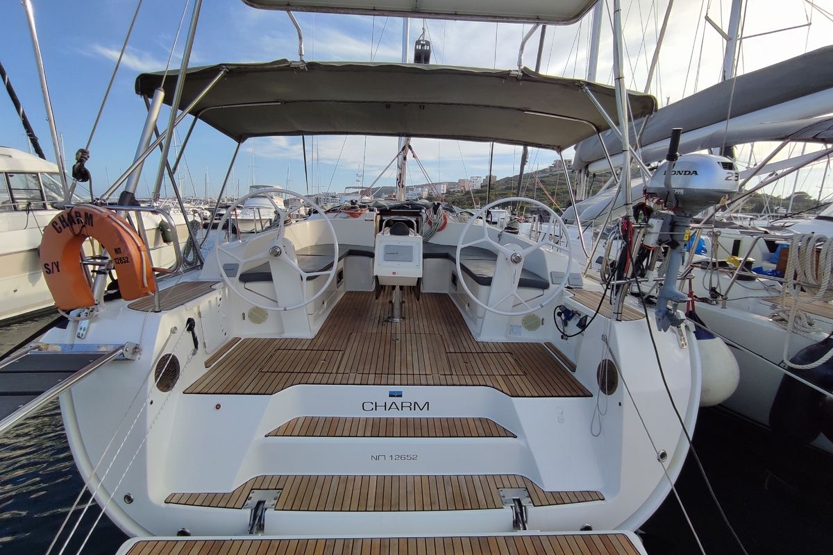 Cockpit of Charm, a Bavaria Cruiser 46 sailboat at Lavreotiki Municipal Unit, Greece