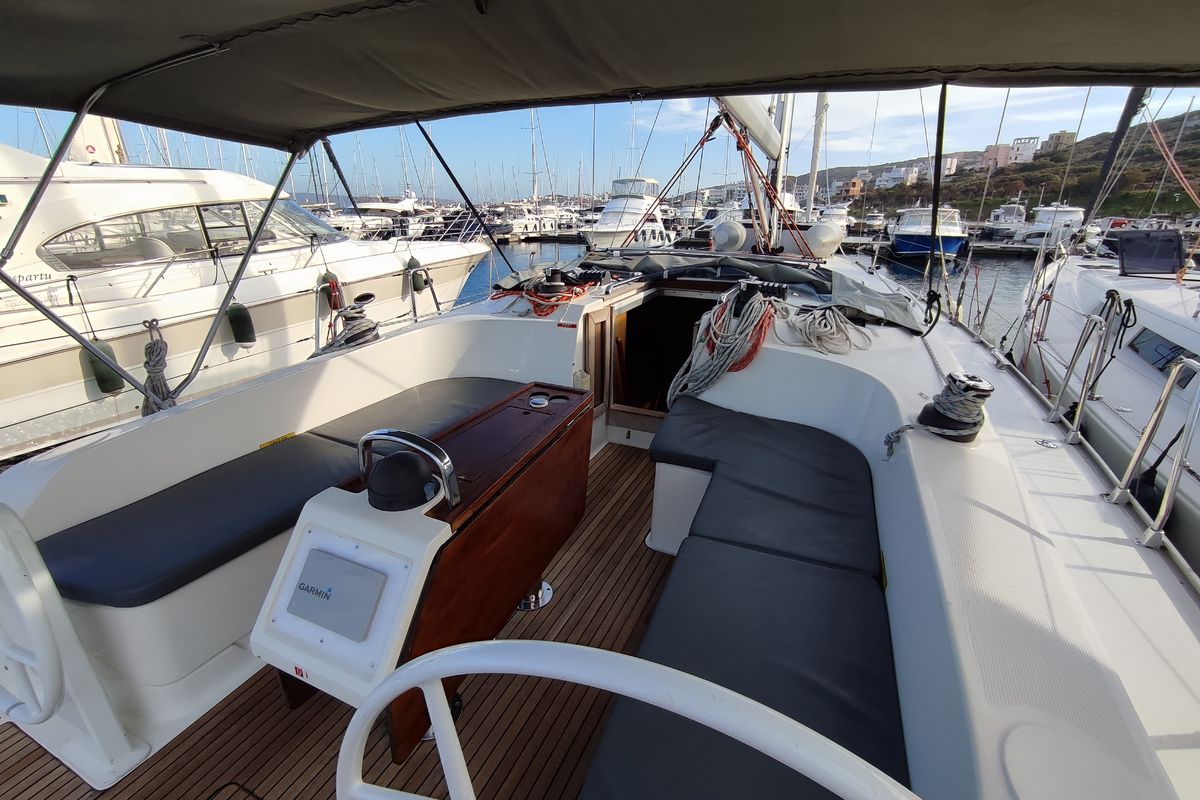 Deck of Charm, a Bavaria Cruiser 46 sailboat at Lavreotiki Municipal Unit, Greece