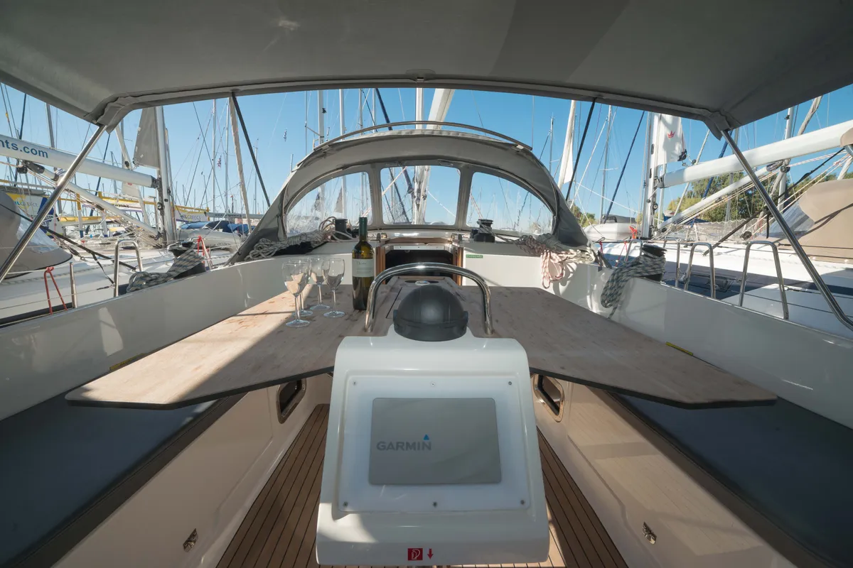 Cockpit of Charm, a Bavaria Cruiser 46 sailboat at Lavreotiki Municipal Unit, Greece