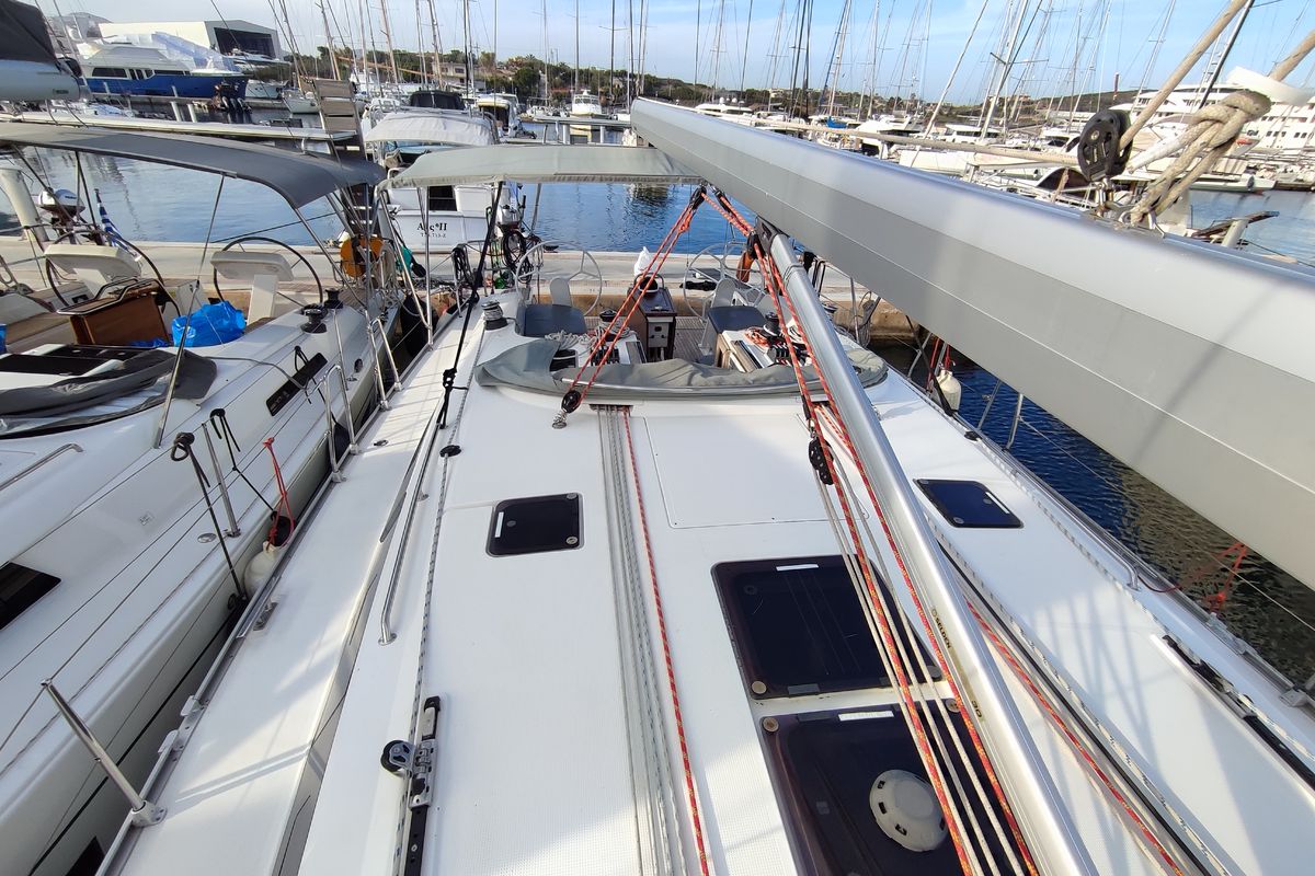 Deck of Charm, a Bavaria Cruiser 46 sailboat at Lavreotiki Municipal Unit, Greece