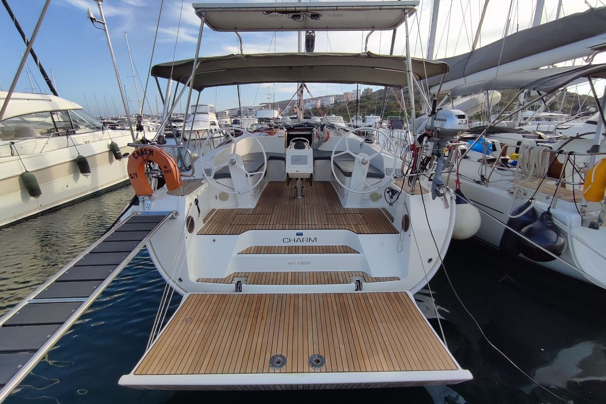 Exterior view of Charm, a Bavaria Cruiser 46 sailboat at Lavreotiki Municipal Unit, Greece