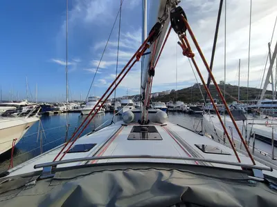 Deck of Charm, a Bavaria Cruiser 46 sailboat at Lavreotiki Municipal Unit, Greece