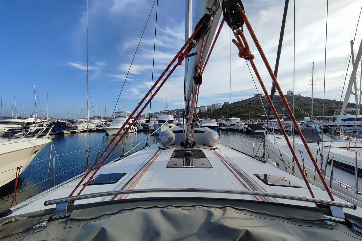 Deck of Charm, a Bavaria Cruiser 46 sailboat at Lavreotiki Municipal Unit, Greece