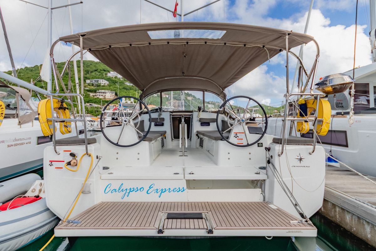 Cockpit of Calypso Express, a Jeanneau Sun Odyssey 380 sailboat at Road Town, British Virgin Islands