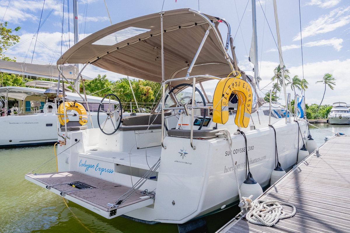 Deck of Calypso Express, a Jeanneau Sun Odyssey 380 sailboat at Road Town, British Virgin Islands