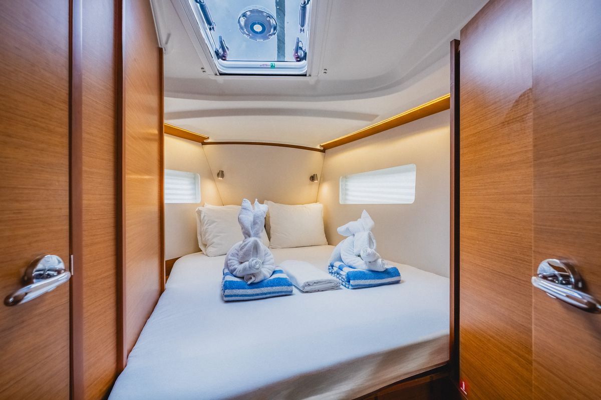 Cabin on Calypso Express, a Jeanneau Sun Odyssey 380 sailboat at Road Town, British Virgin Islands