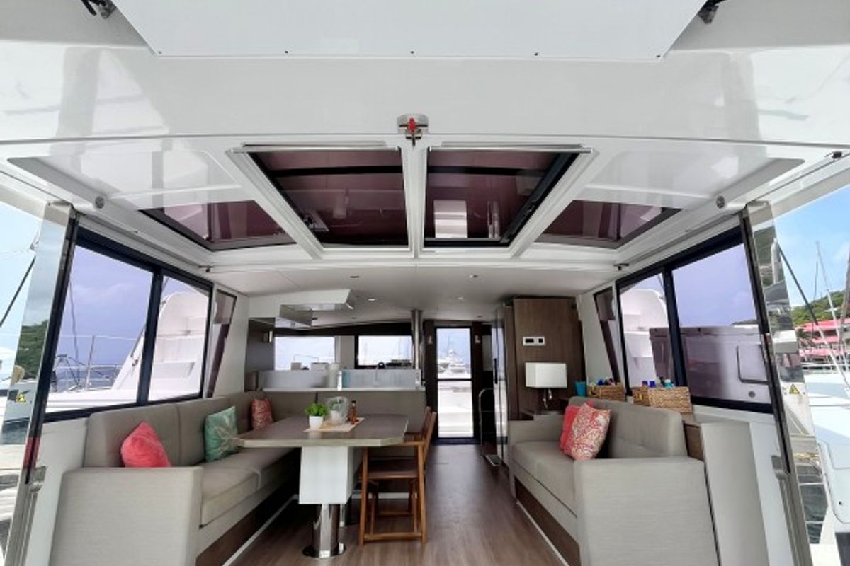 Salon of Sea Dog, a Bali 4.6 catamaran at Parham Town, British Virgin Islands