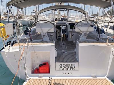 Cockpit of Gobun, a Hanse Yachts Hanse 458 sailboat at Fethiye, Turkey