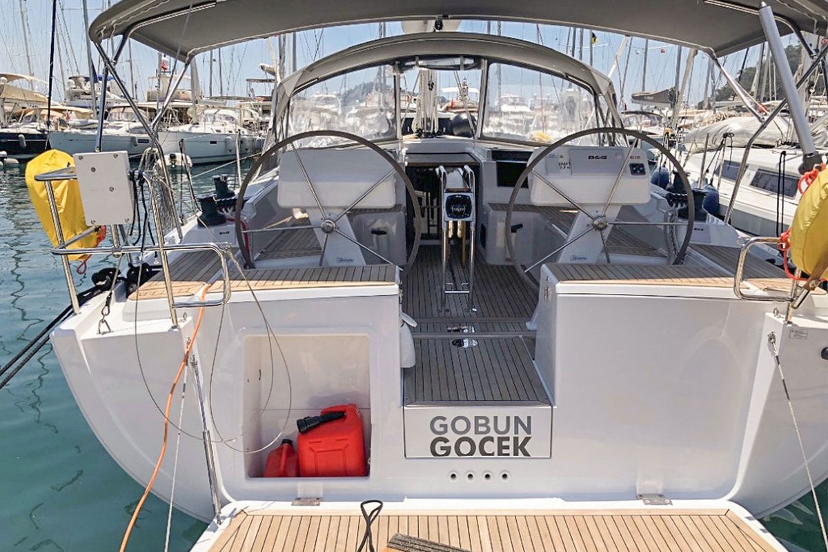 Cockpit of Gobun, a Hanse Yachts Hanse 458 sailboat at Fethiye, Turkey