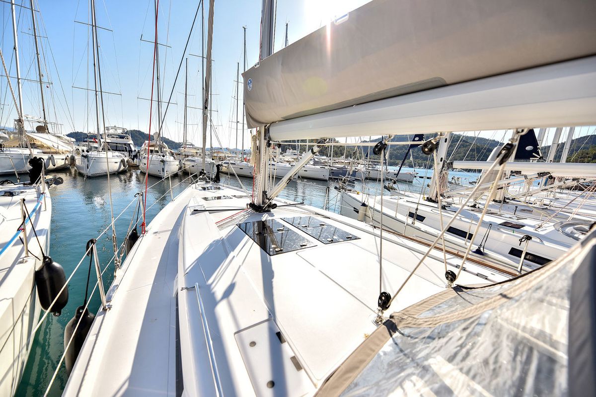Exterior view of Gobun, a Hanse Yachts Hanse 458 sailboat at Fethiye, Turkey