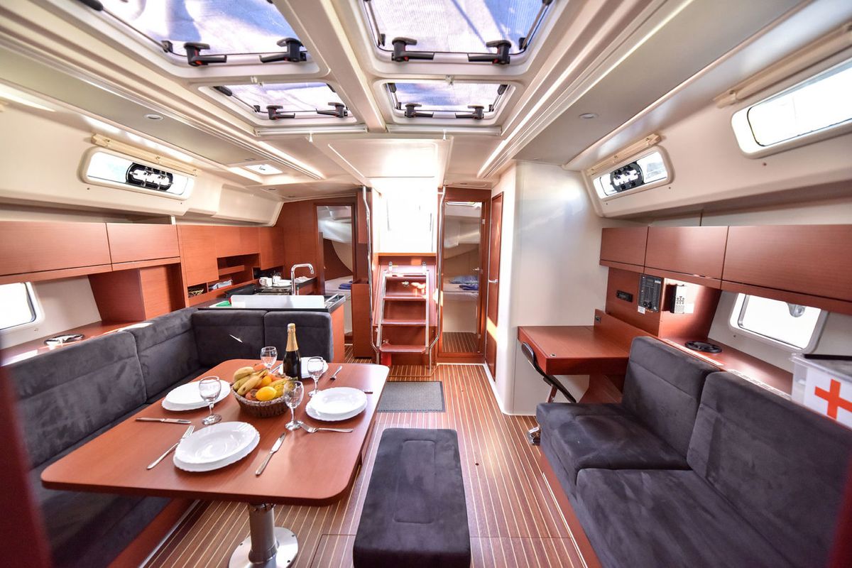 Salon of Gobun, a Hanse Yachts Hanse 458 sailboat at Fethiye, Turkey
