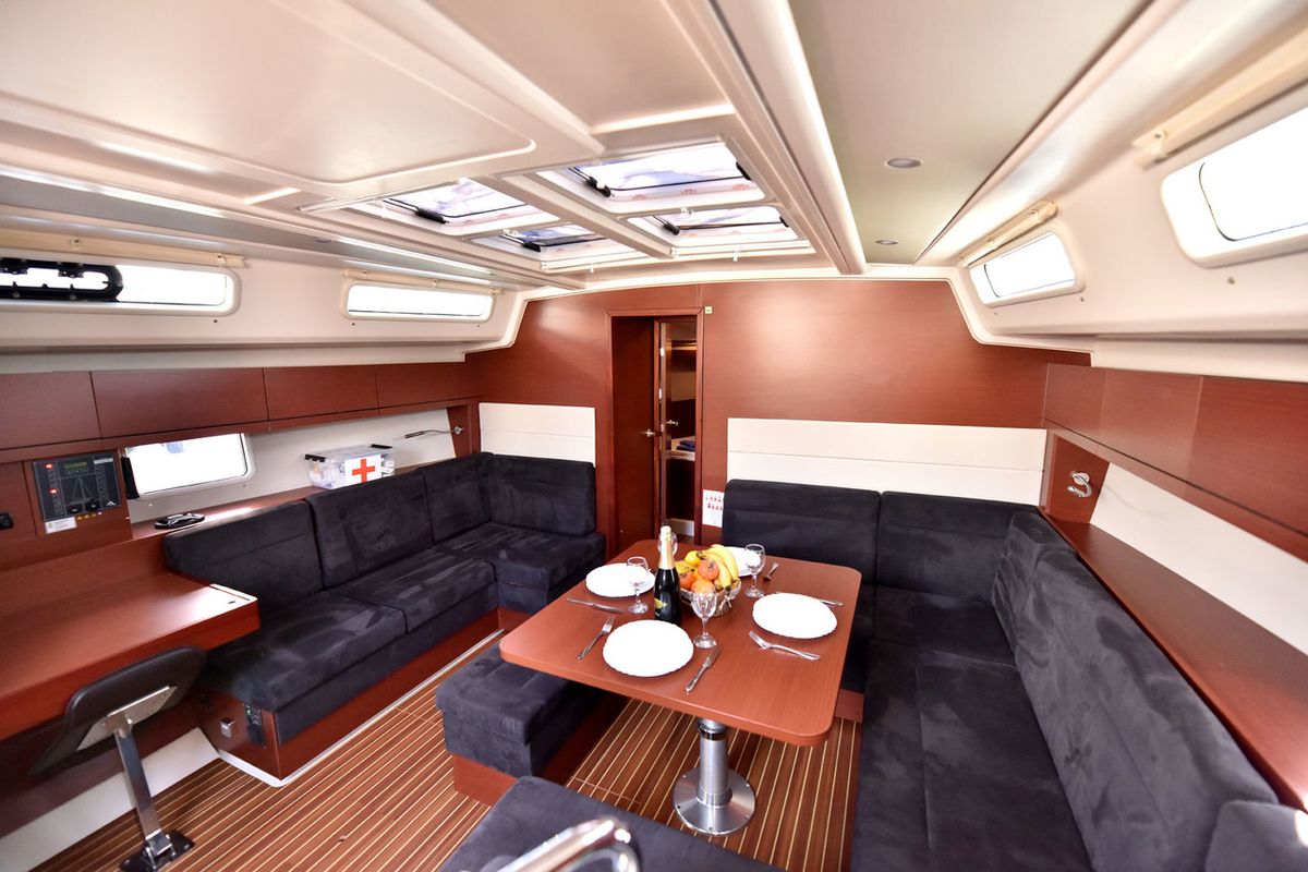 Salon of Gobun, a Hanse Yachts Hanse 458 sailboat at Fethiye, Turkey