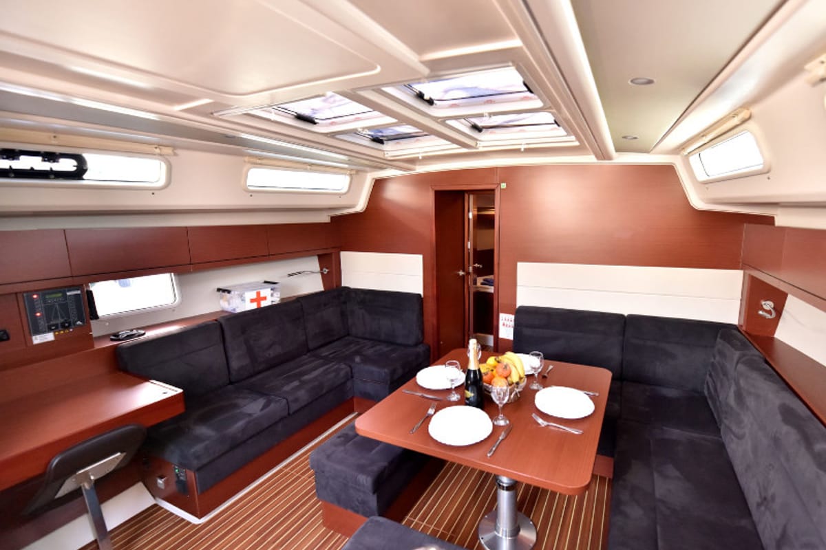 Salon of Gobun, a Hanse Yachts Hanse 458 sailboat at Fethiye, Turkey