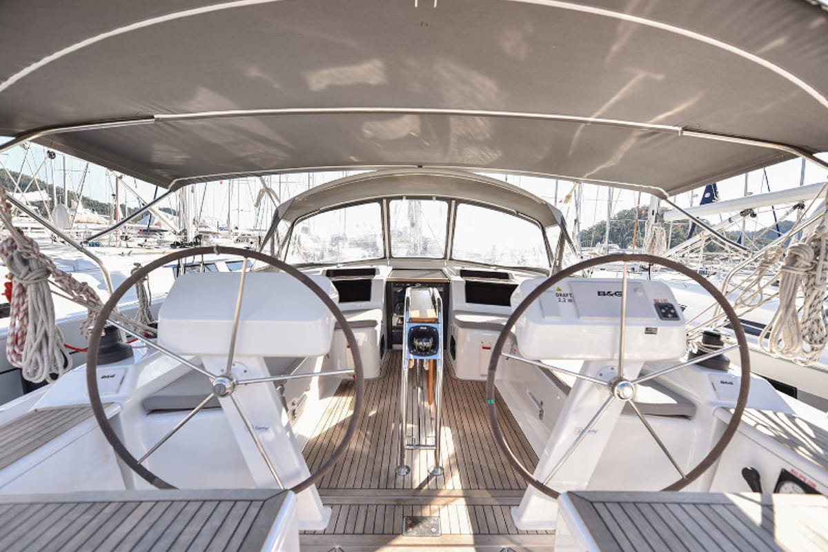 Cockpit of Gobun, a Hanse Yachts Hanse 458 sailboat at Fethiye, Turkey
