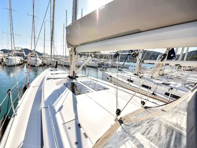 Deck of Gobun, a Hanse Yachts Hanse 458 sailboat at Fethiye, Turkey